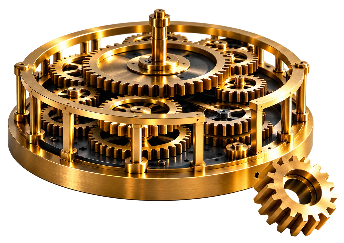 Gold clockwork assembly from the approved cover artwork for The Self-Sufficient Business